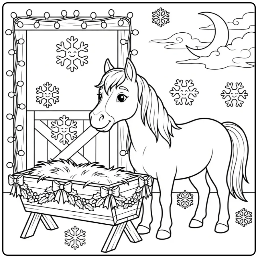Beautiful Christmas Horse with Snowflakes and Lights coloring page