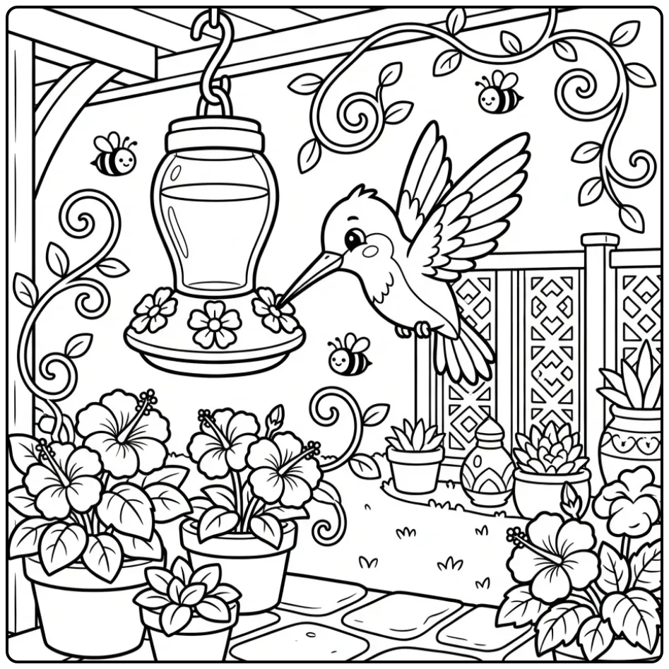 Beautiful Hummingbird in a Garden with Flowers coloring page