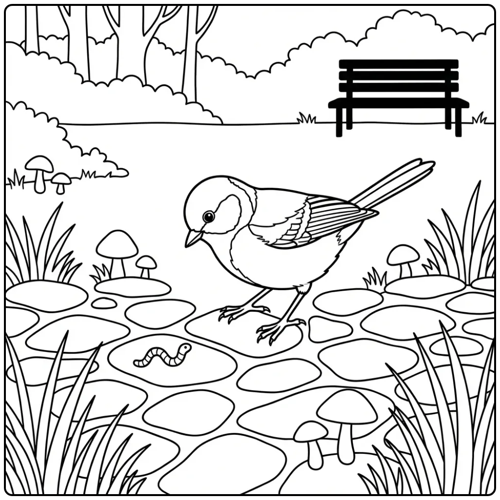 Beautiful Great Tit in the Park with Mushrooms coloring page