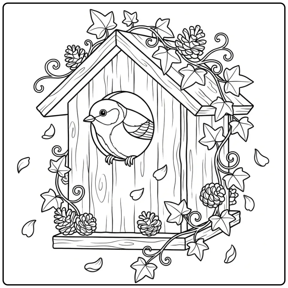 Beautiful Great Tit in Wooden Nest Box coloring page