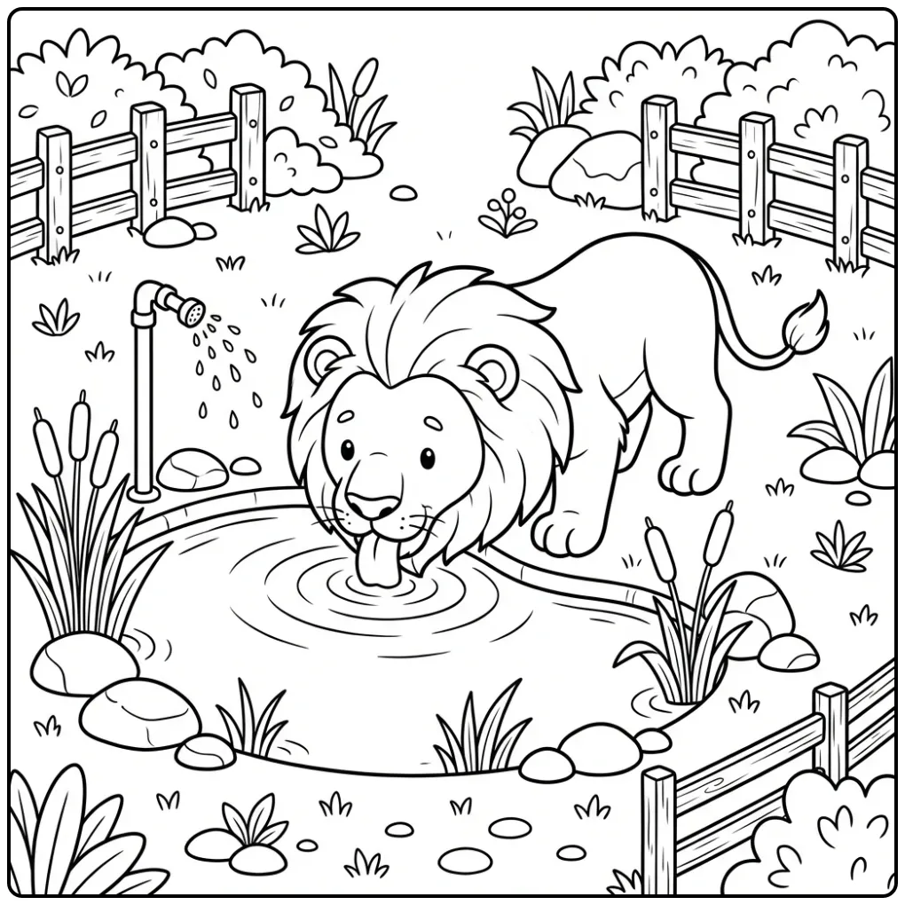 Lion coloring page drinking water in a zoo
