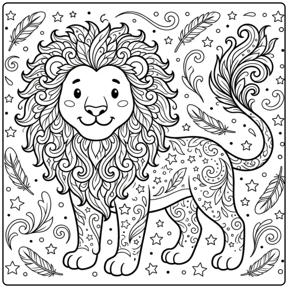 Detailed difficult lion coloring page with a curly mane