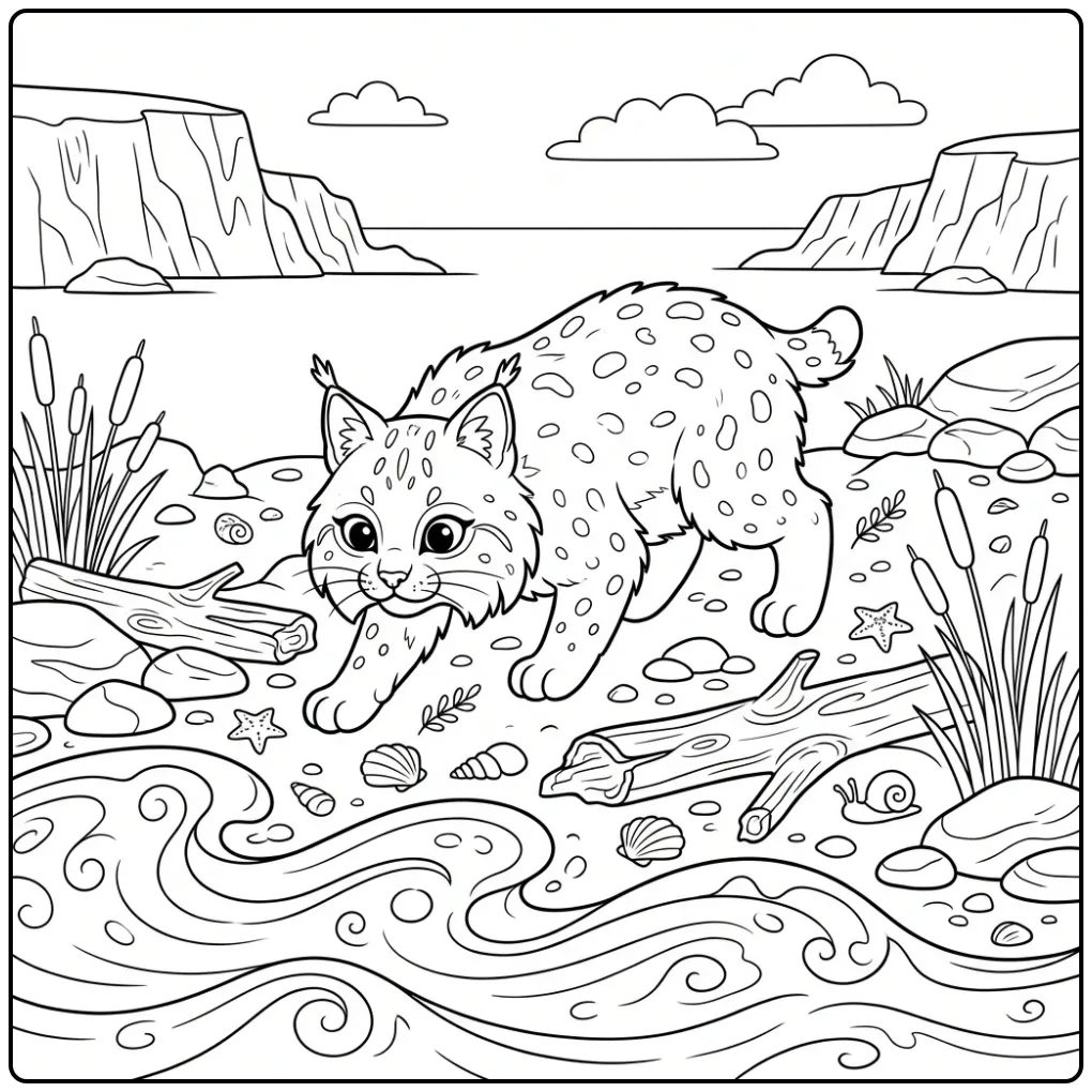 Lynx coloring page sneaking along the coast