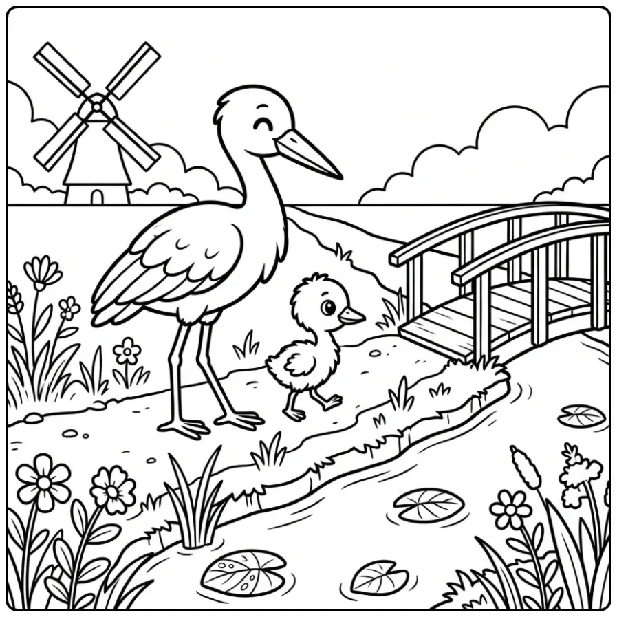 Beautiful Stork with Baby in a Landscape coloring page