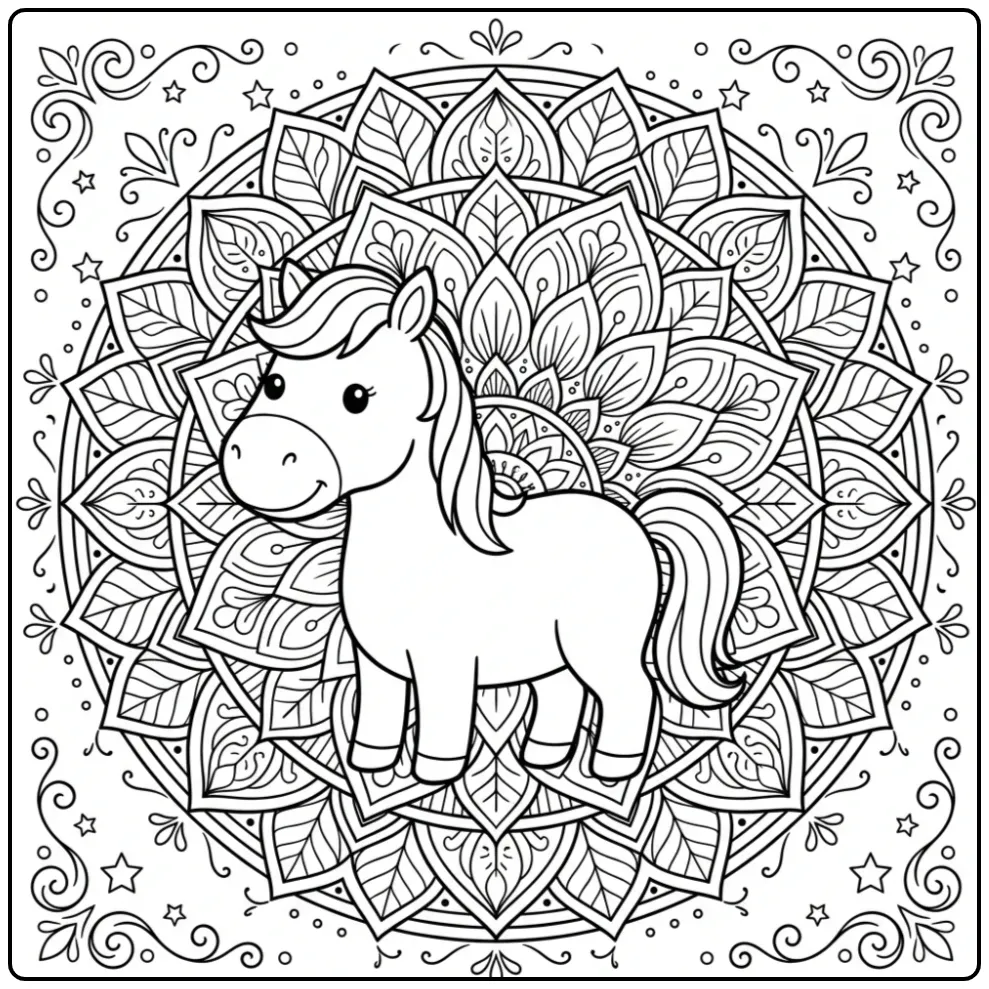 Beautiful Mandala Horse with Flowers and Stars coloring page