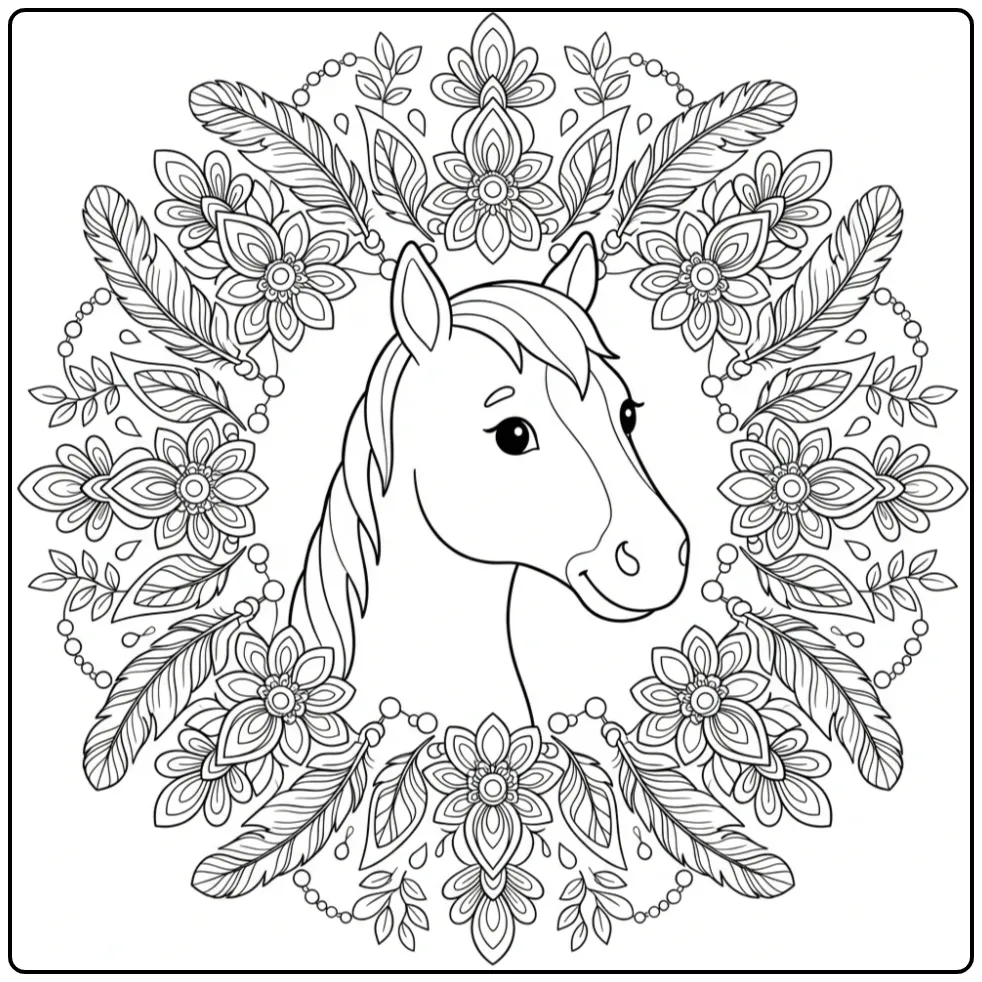 Beautiful Mandala Horse with Flowers and Feathers coloring page