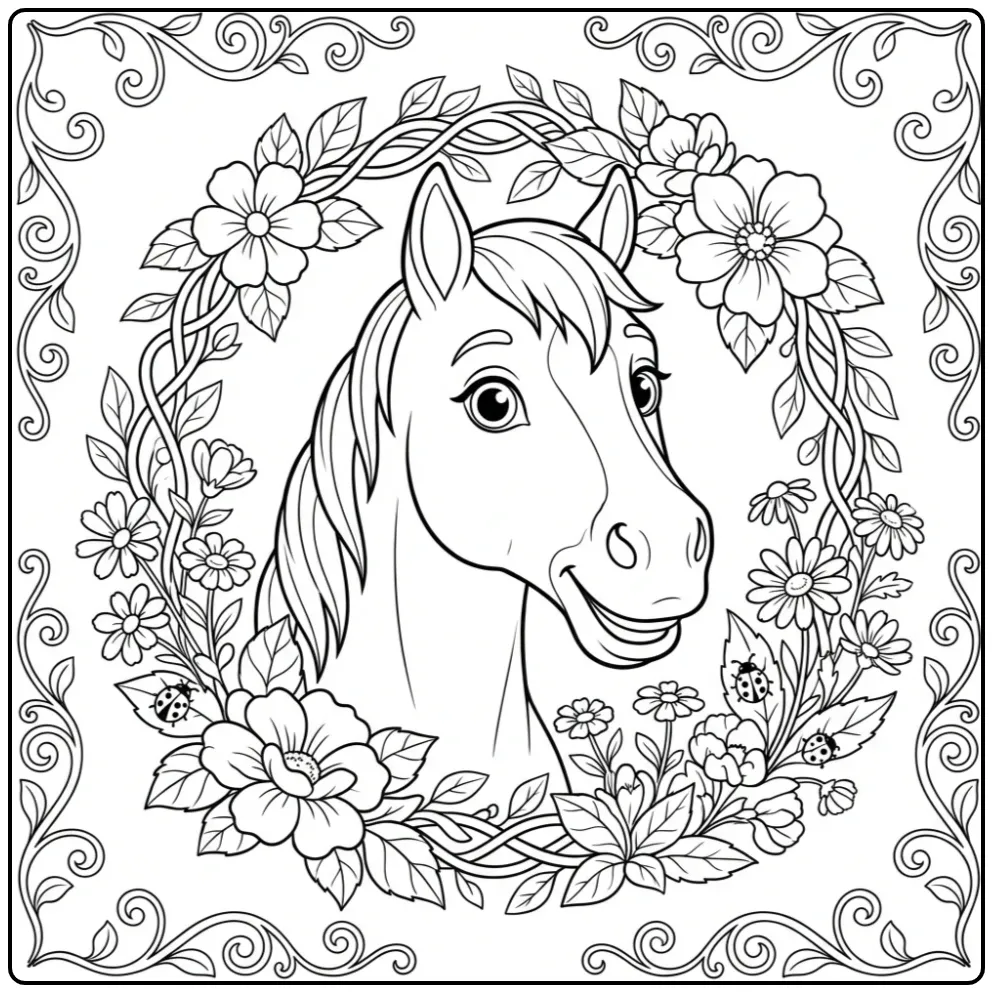 Beautiful Horse with Flowers and Graceful Vines coloring page