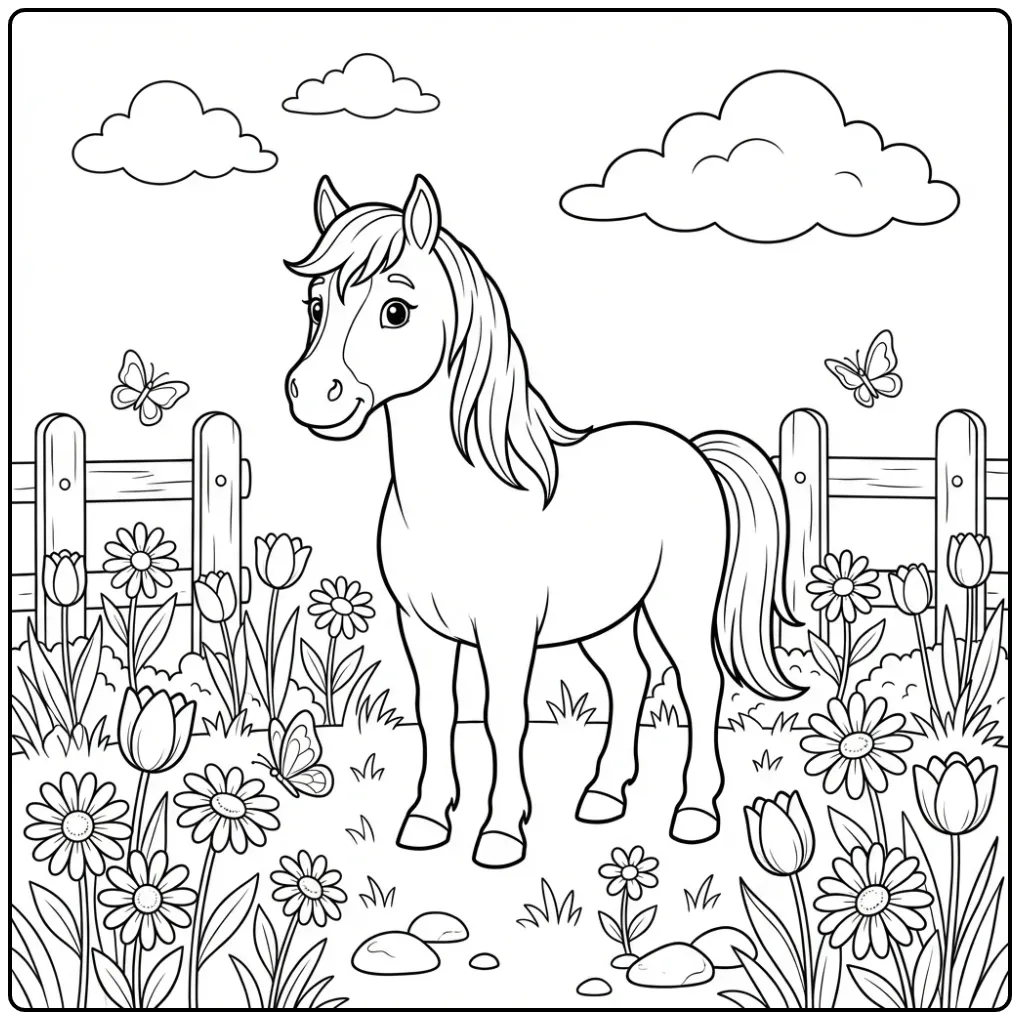 Beautiful Horse with Flowers Among the Tulips coloring page