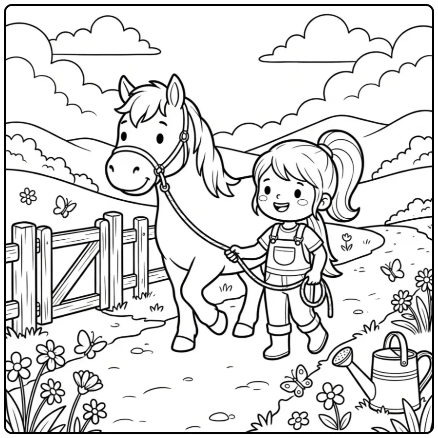 Beautiful Horse with Girl by a Fence and Flowers coloring page