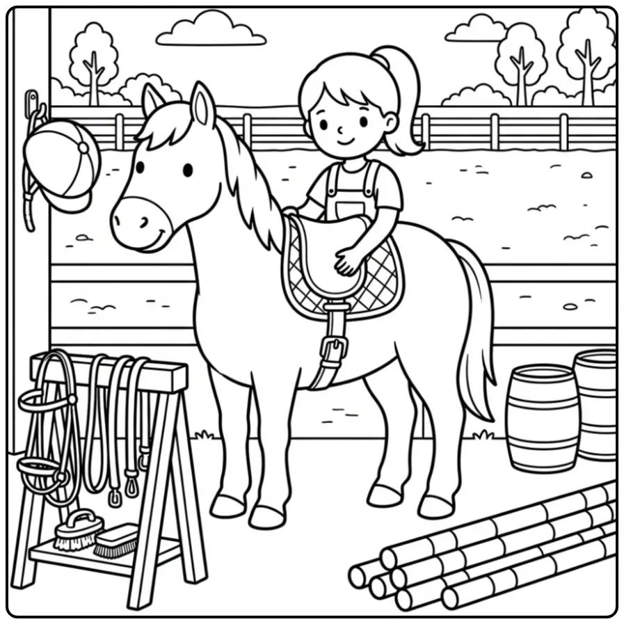 Beautiful Horse with Girl in the Riding School coloring page