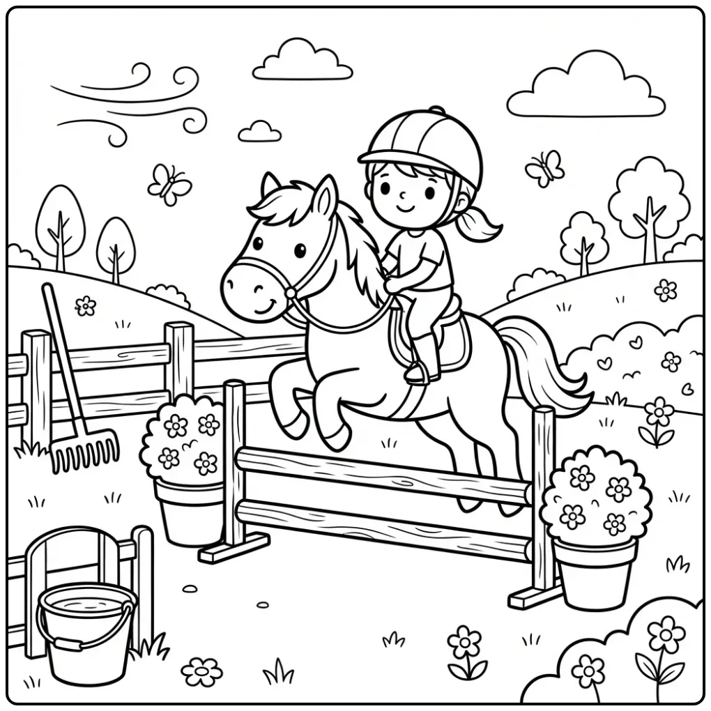 Beautiful Horse with Rider Jumping in the Open Air coloring page