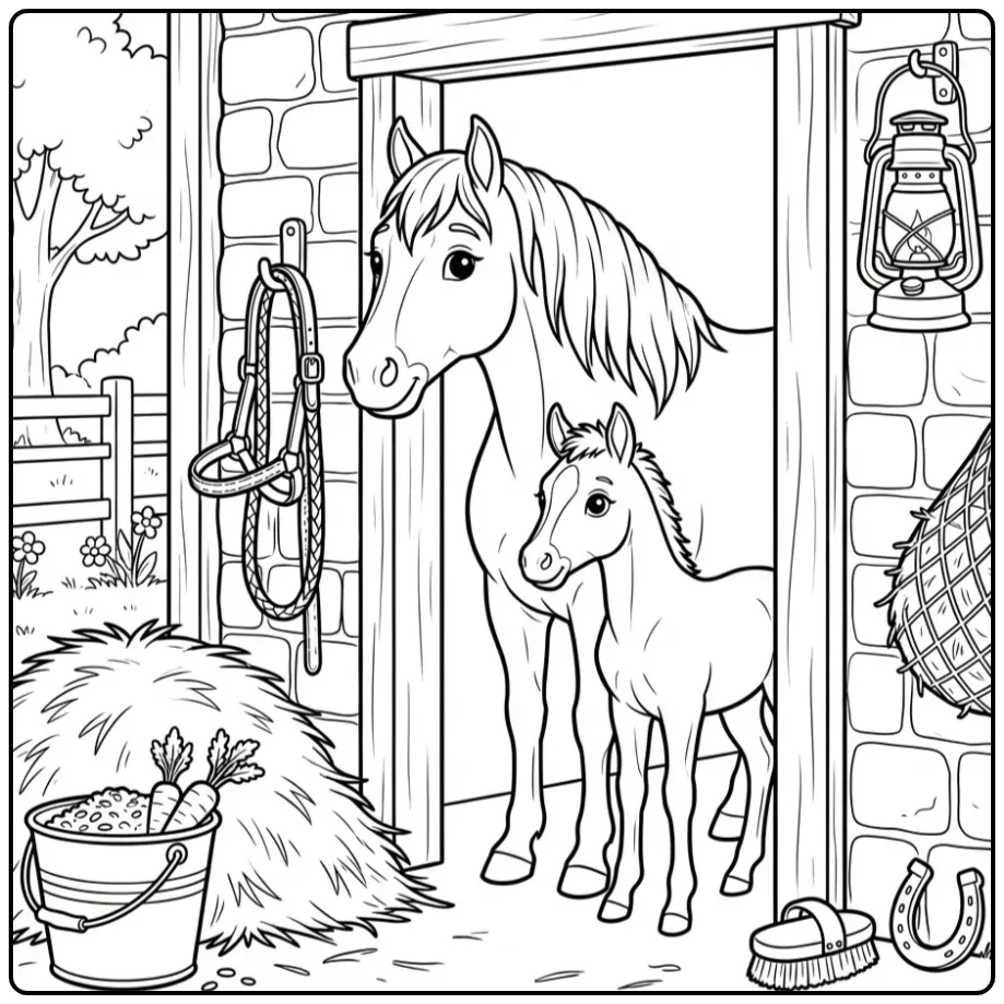 Beautiful Horse with Foal in a Cozy Stable coloring page