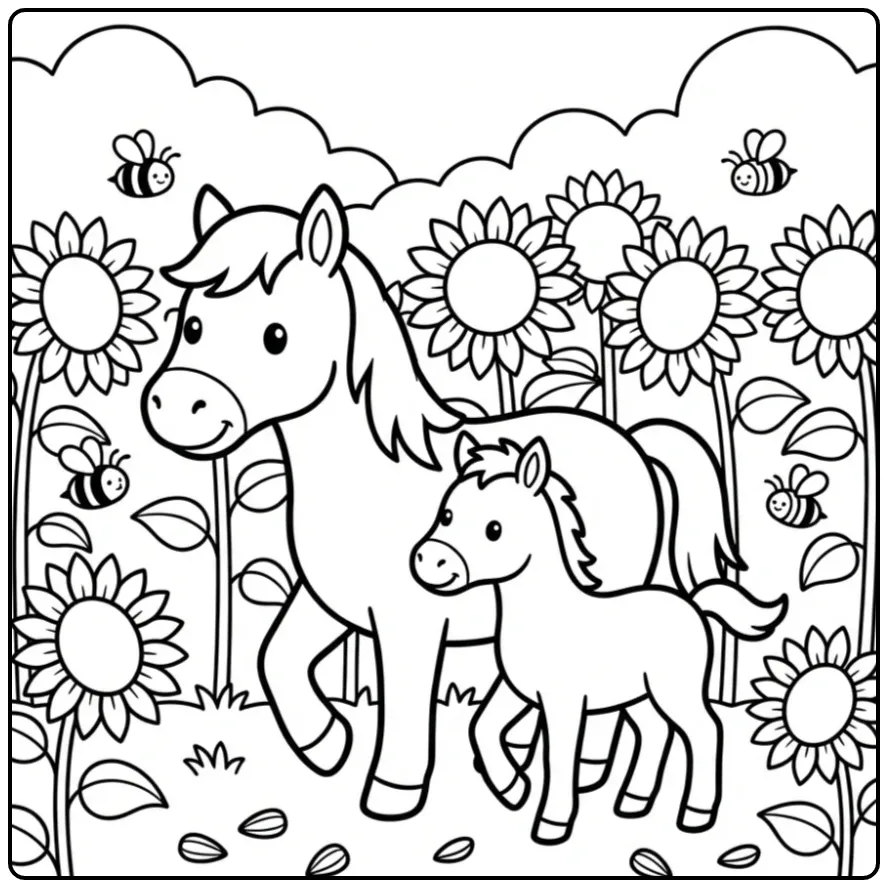 Beautiful Horse with Foal Walking in Nature coloring page