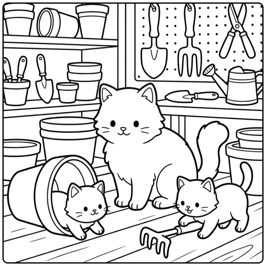 Beautiful Cat with Kittens Among Garden Tools coloring page