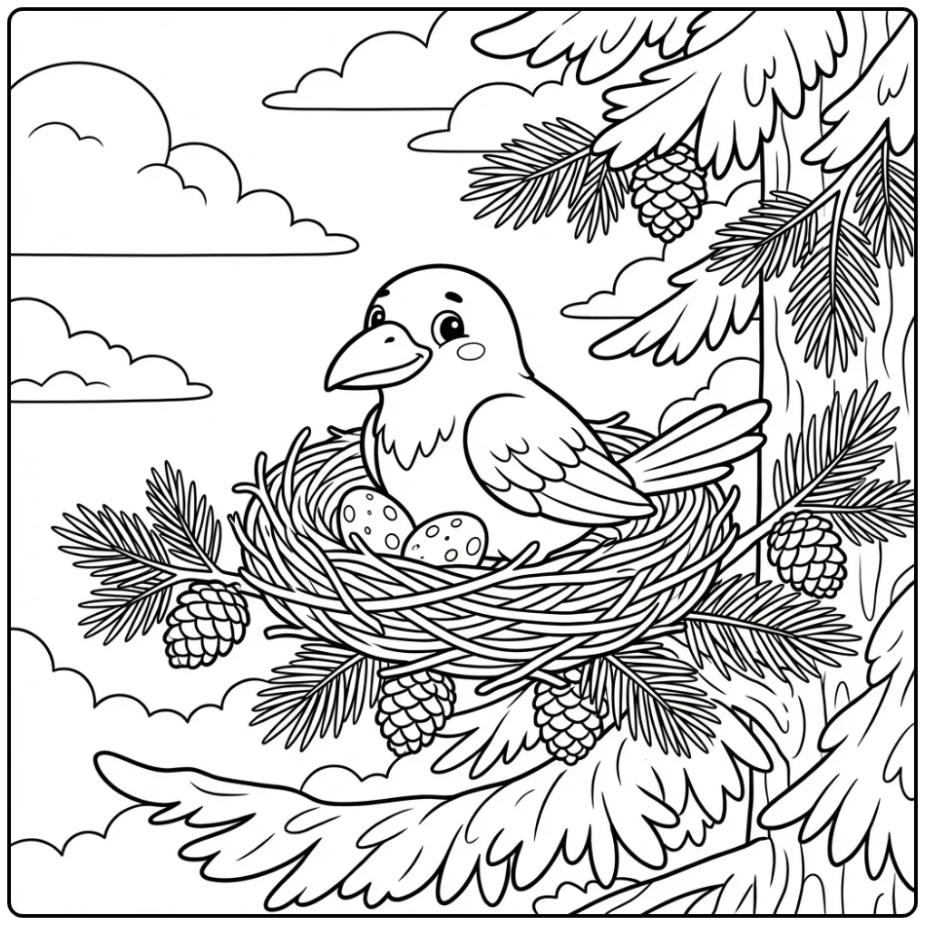 Beautiful Raven with a Nest in the Spruce Tree coloring page
