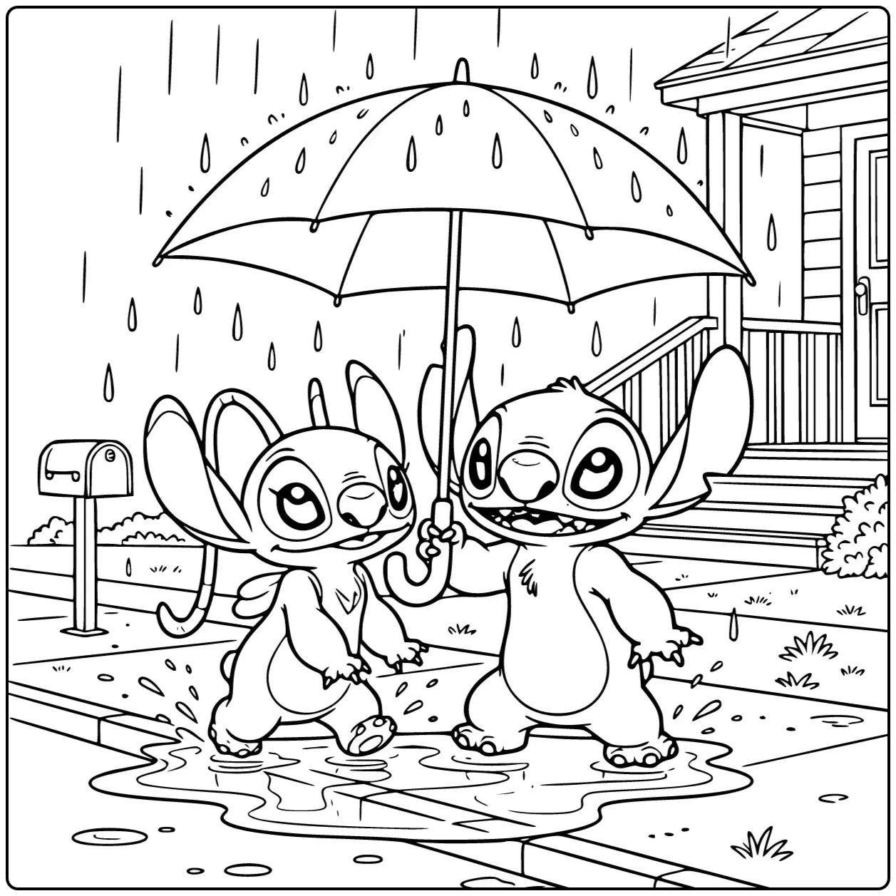 Beautiful Stitch and Angel in the Rain coloring page