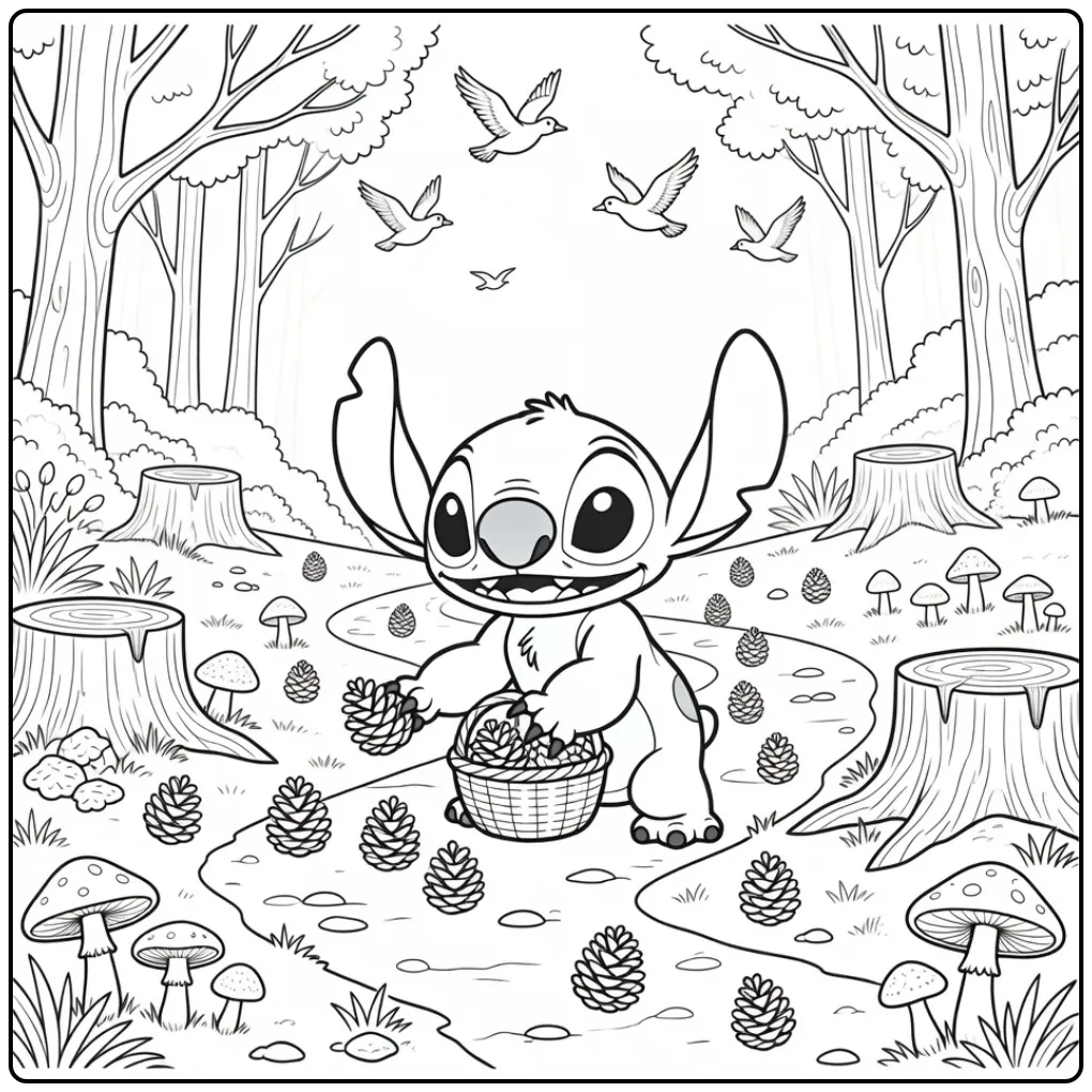 Beautiful Stitch Autumn in the Forest with Mushrooms coloring page