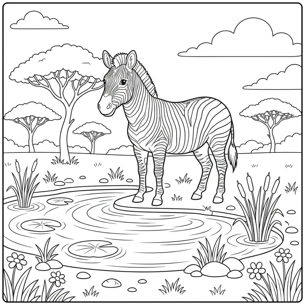 Beautiful Zebra with a Watering Hole on the Savanna coloring page