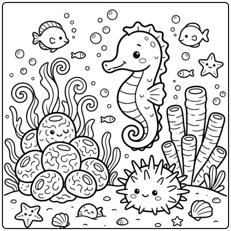 Beautiful Seahorse with Sea Urchin and Corals coloring page