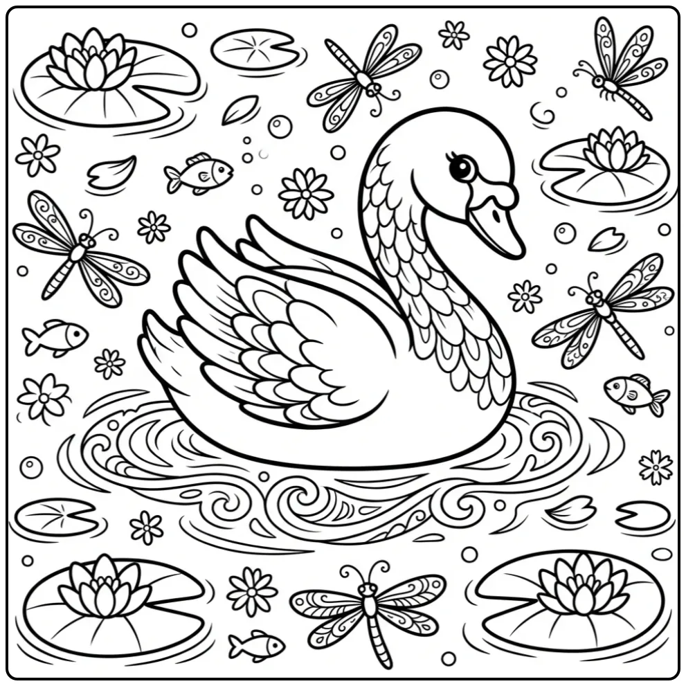 Swan coloring page swimming among water lilies
