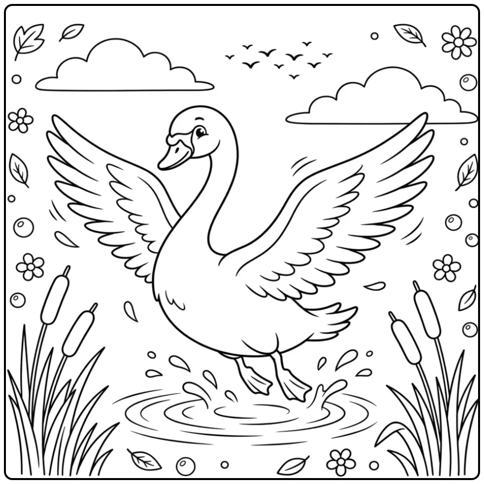 Swan coloring page taking off from the water