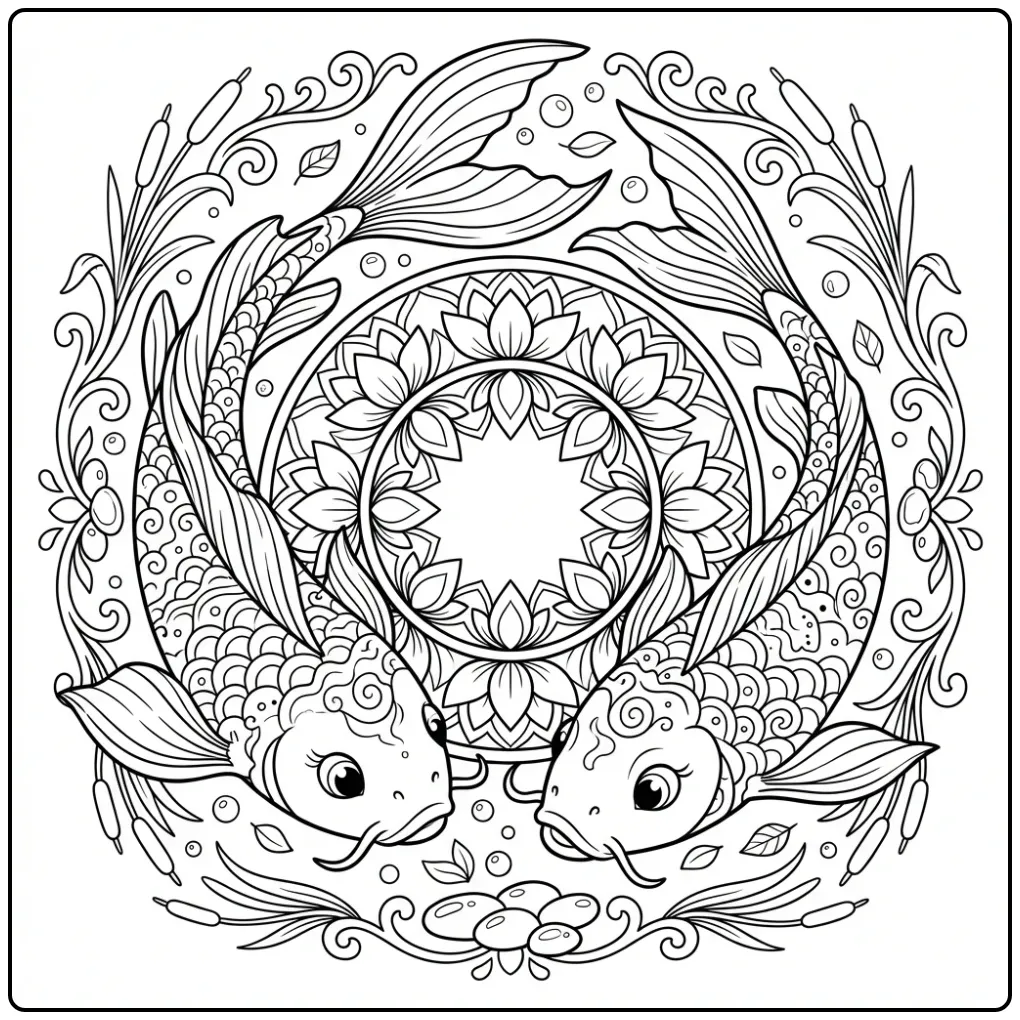 Beautiful Koi Fish Detailed Among Water Lilies coloring page