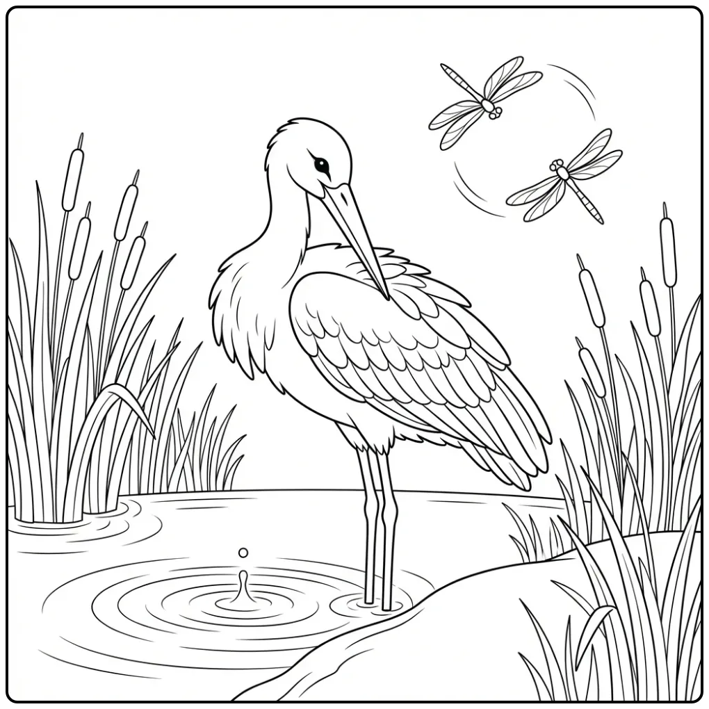Beautiful Stork by the Waterside with Reeds coloring page