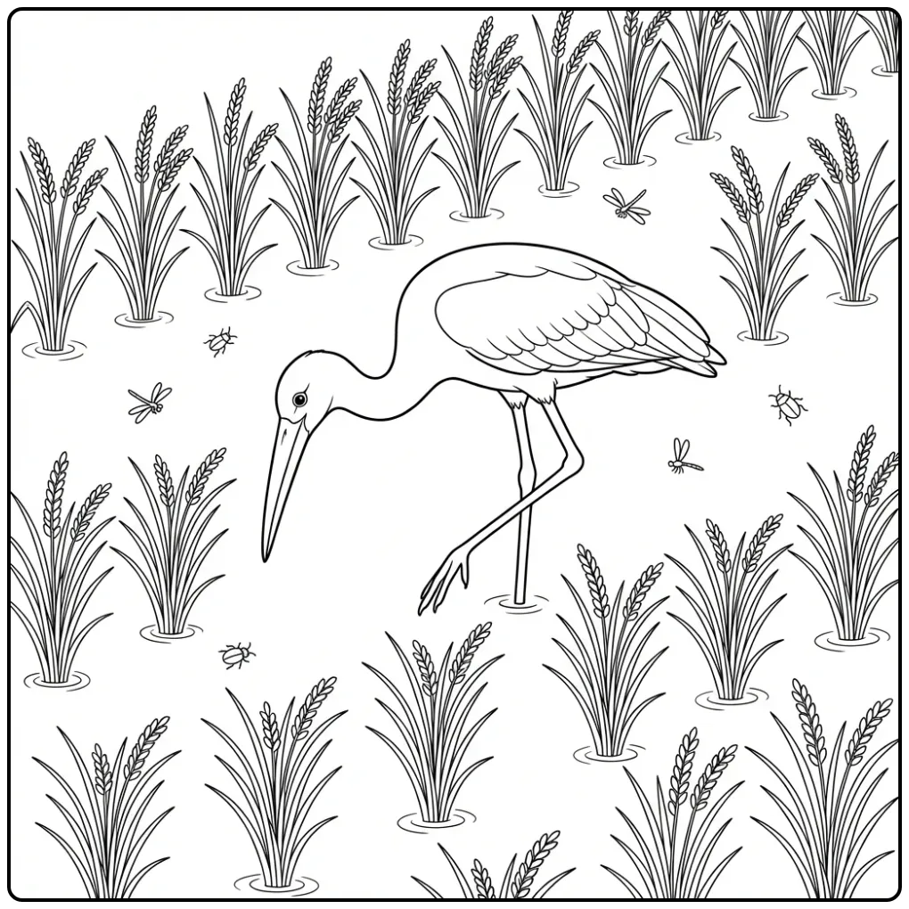 Beautiful Stork in a Rice Field coloring page