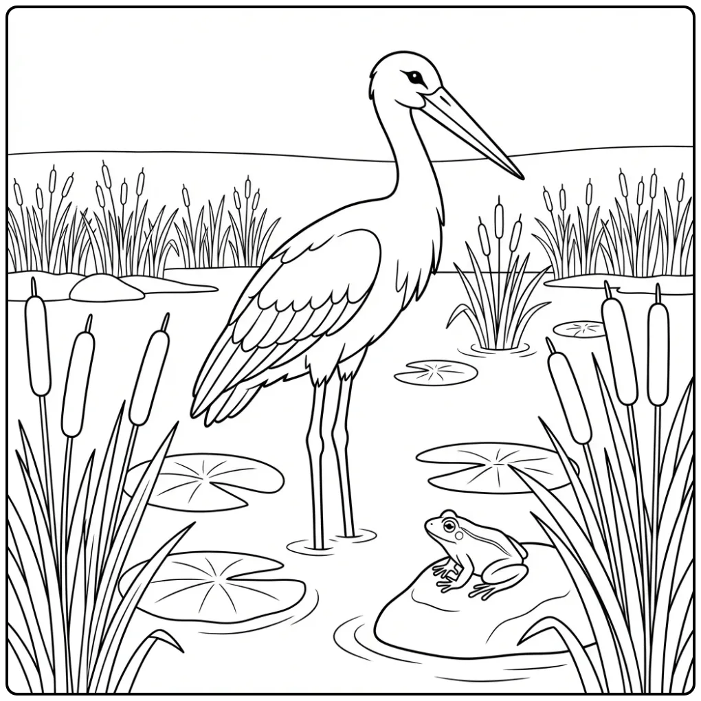 Stork coloring page with frog and reeds