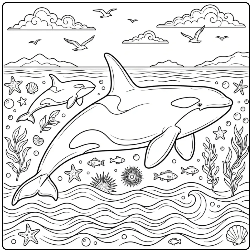 Beautiful Orca Sea and Horizon coloring page