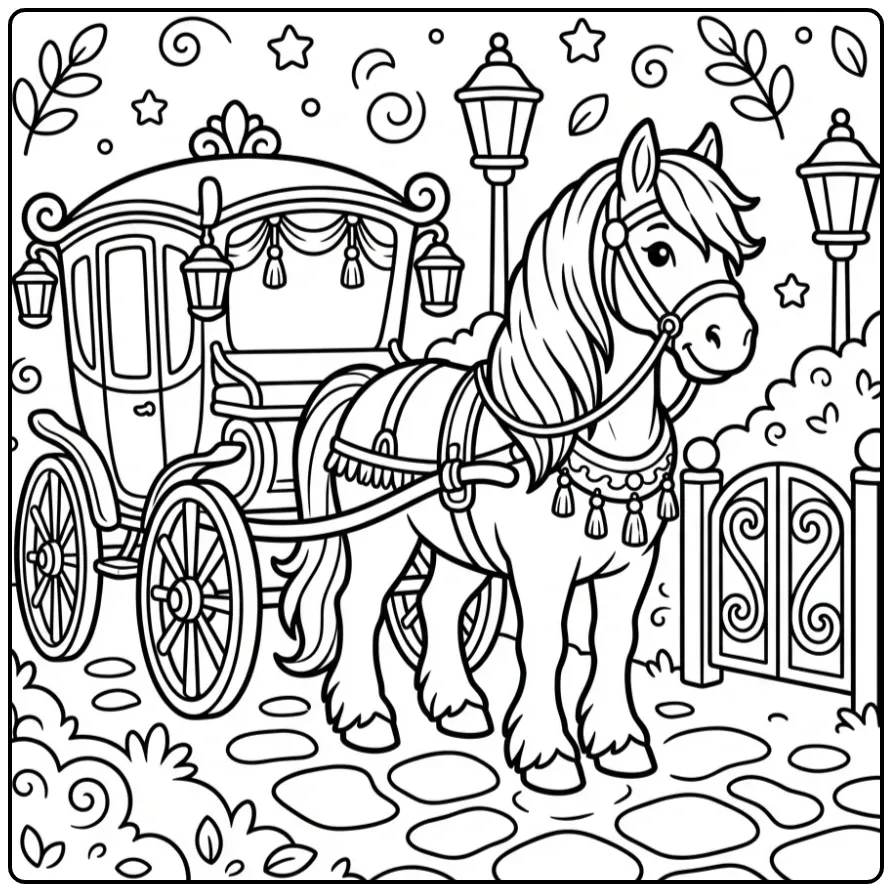 Beautiful Friesian Horse with Carriage coloring page