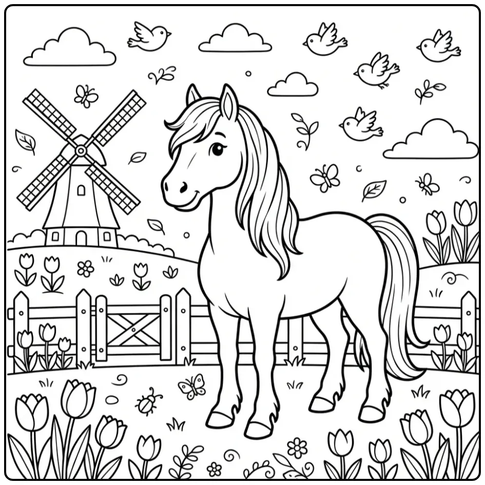 Beautiful Friesian Horse with Tulips and a Fence coloring page