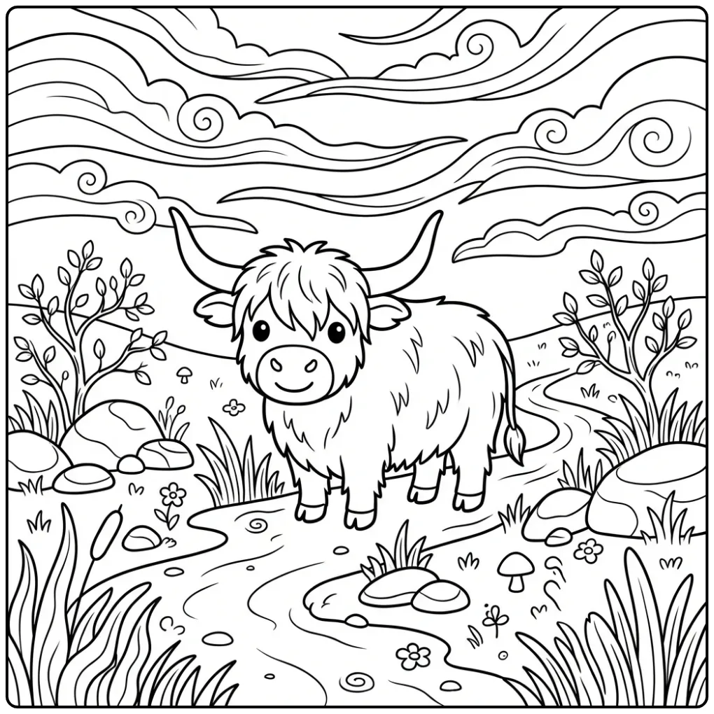 Beautiful Scottish Highland Cow with Clouds coloring page