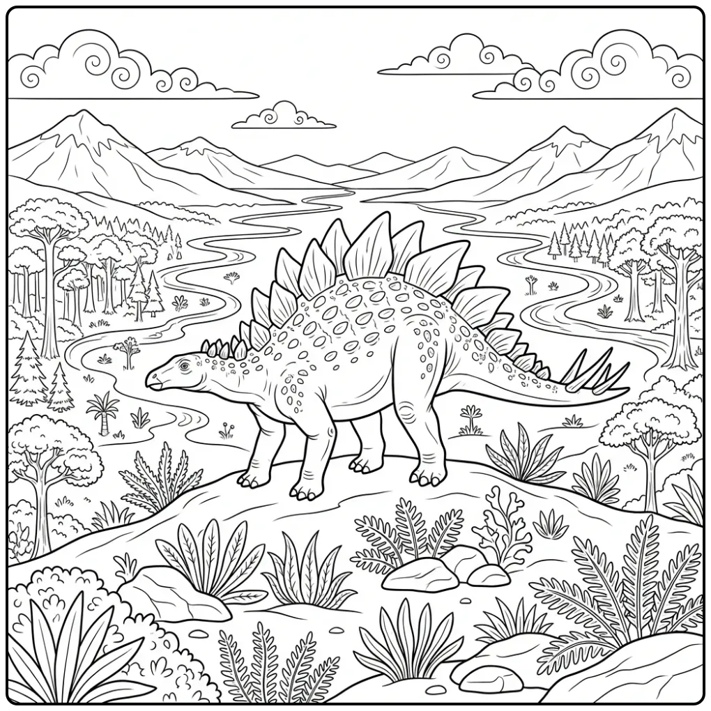 Beautiful Stegosaurus in Prehistoric Landscape coloring page