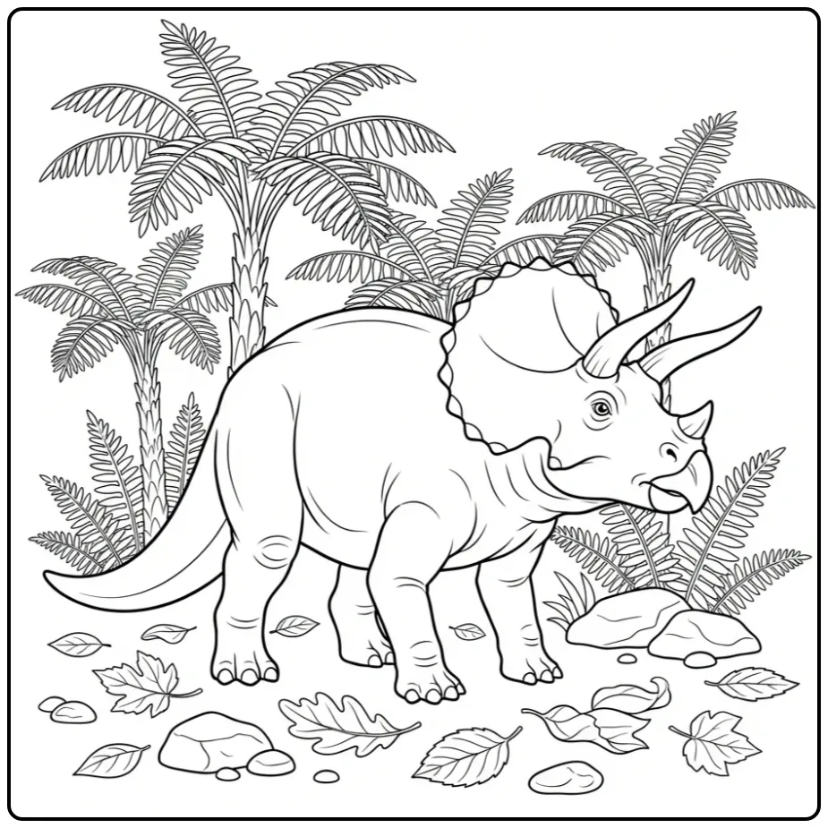 Realistic Triceratops coloring page among ferns