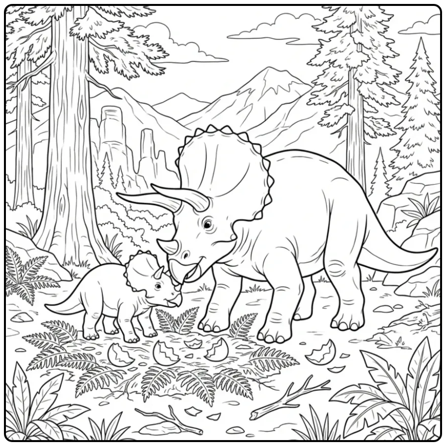 Sweet Triceratops coloring page of a mother and baby by a nest
