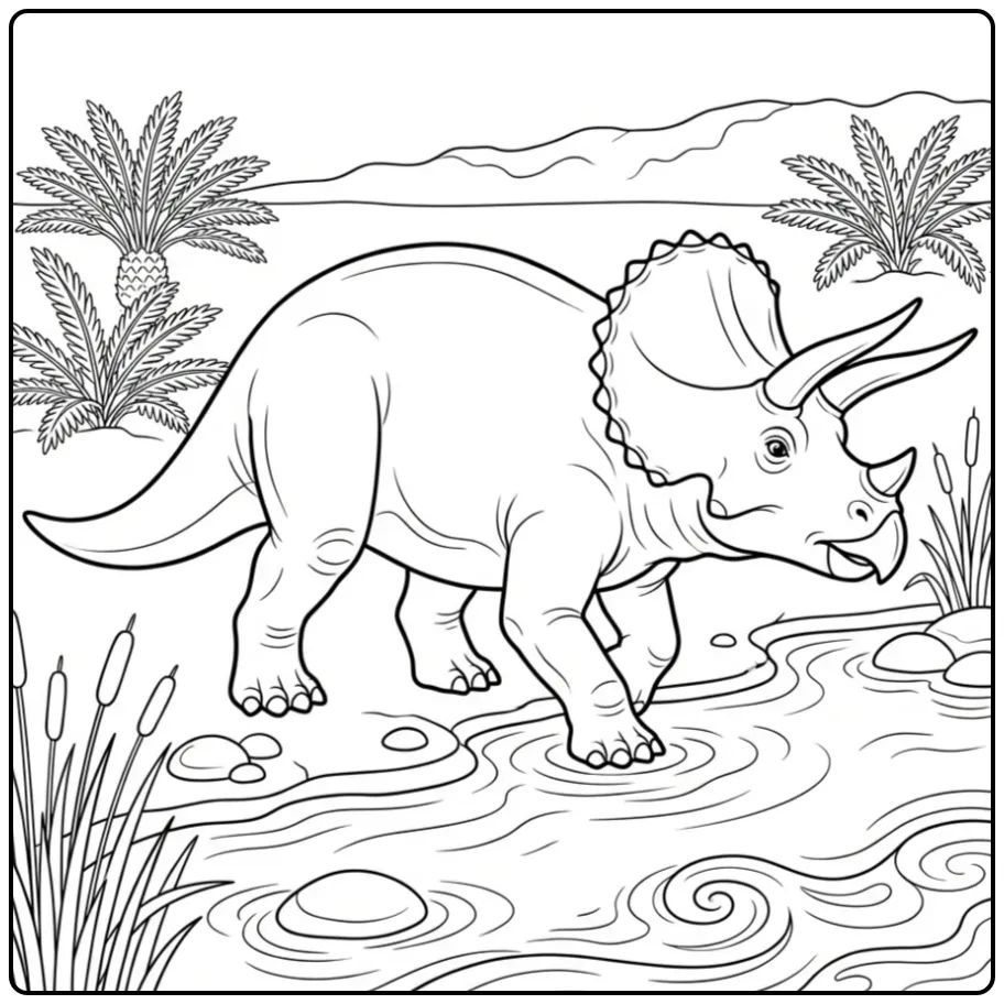 Realistic Triceratops coloring page along the river