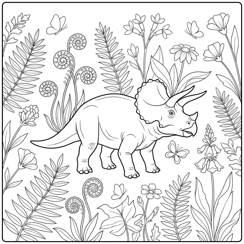 Realistic Triceratops coloring page with flowers and plants