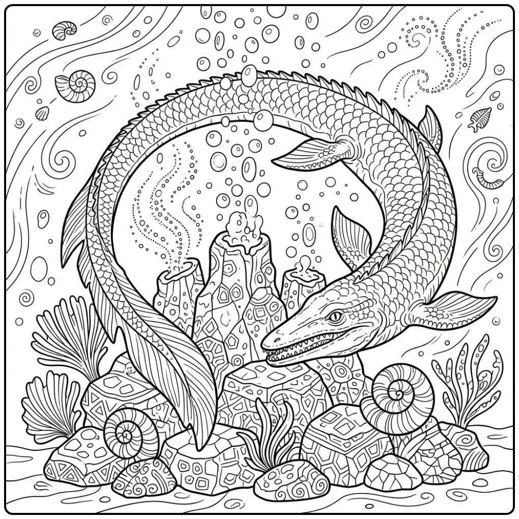 Deep-sea Mosasaurus coloring page with bubbles and sea plants
