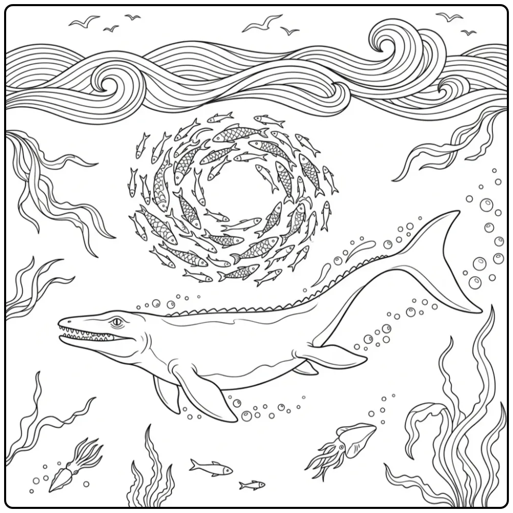 Swimming Mosasaurus coloring page with seaweed and fish