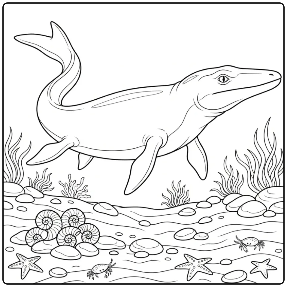 Mosasaurus coloring page among sea grass and starfish