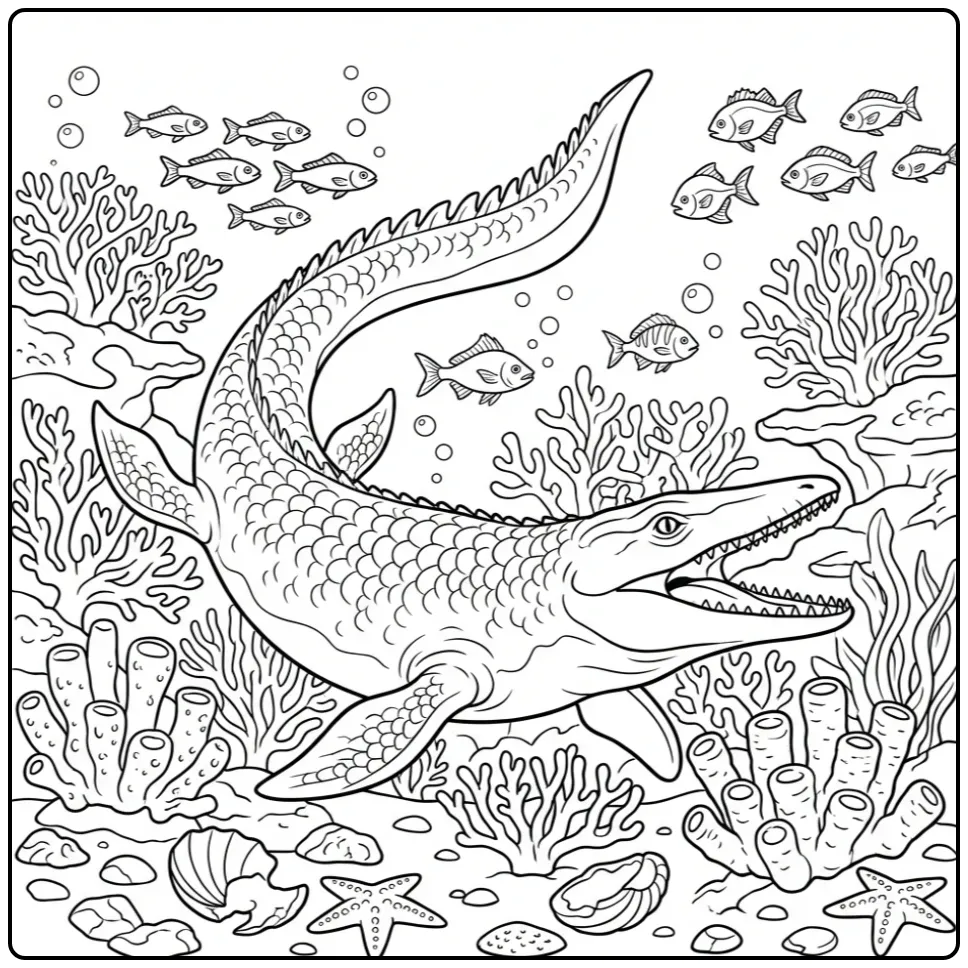 Underwater Mosasaurus coloring page swimming among coral