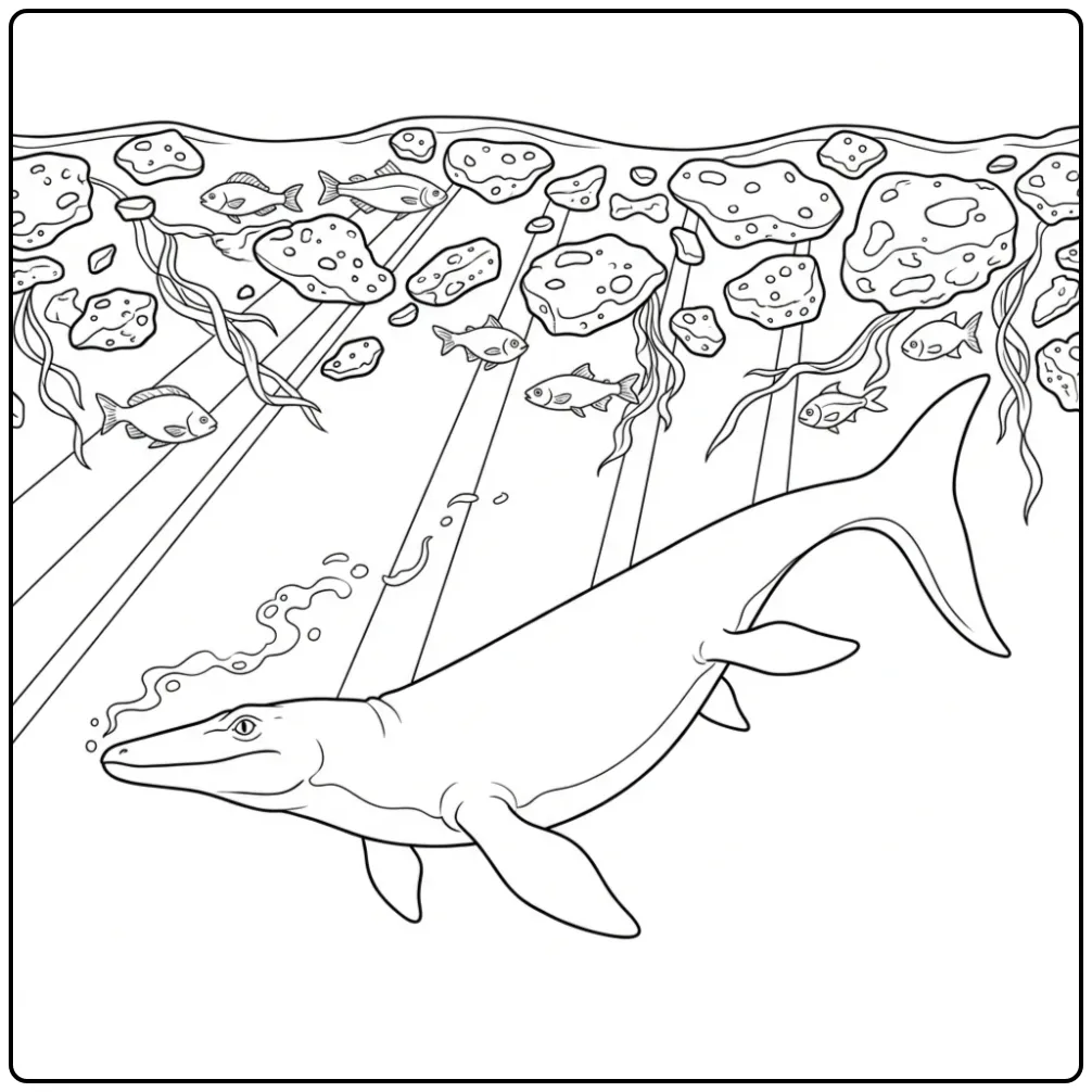 Mosasaurus coloring page under floating volcanic stones