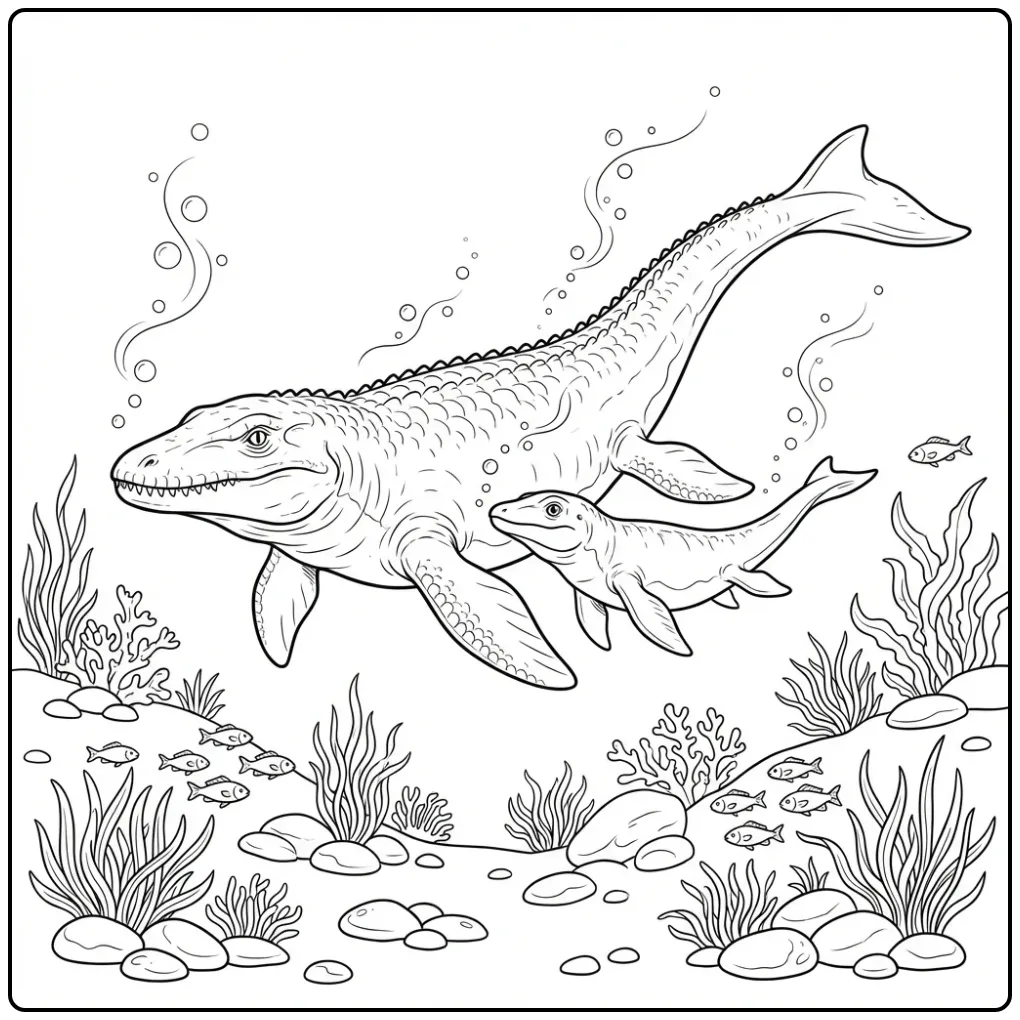 Mosasaurus coloring page of a mother with her young in the sea