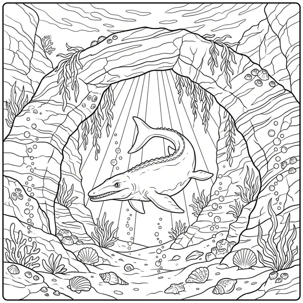 Detailed Mosasaurus coloring page under a rock arch