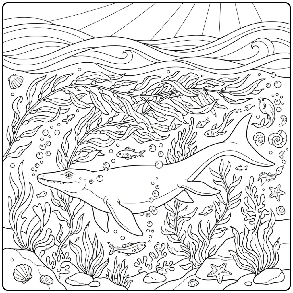Underwater Mosasaurus coloring page with seaweed and fish