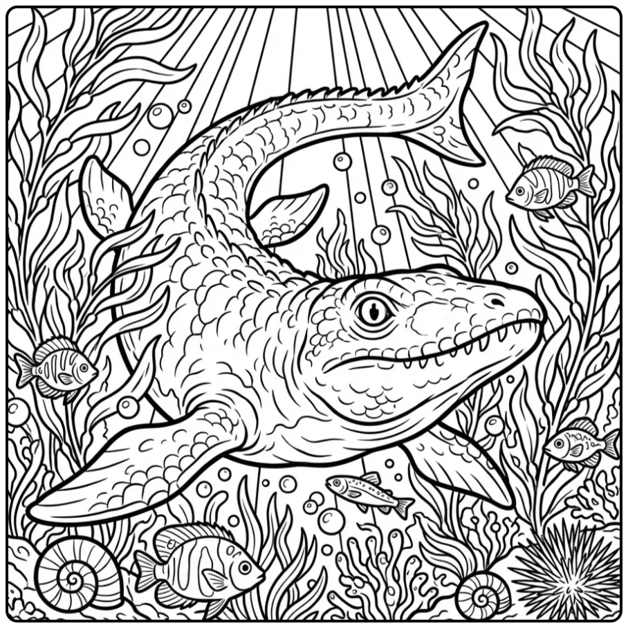 Swimming Mosasaurus coloring page in a dense kelp forest