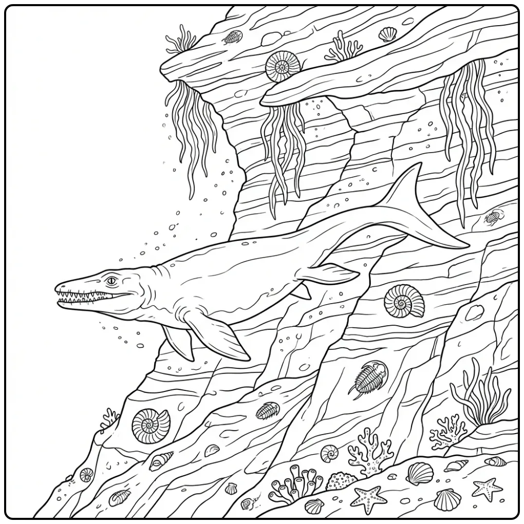 Detailed Mosasaurus coloring page with fossils and rocks
