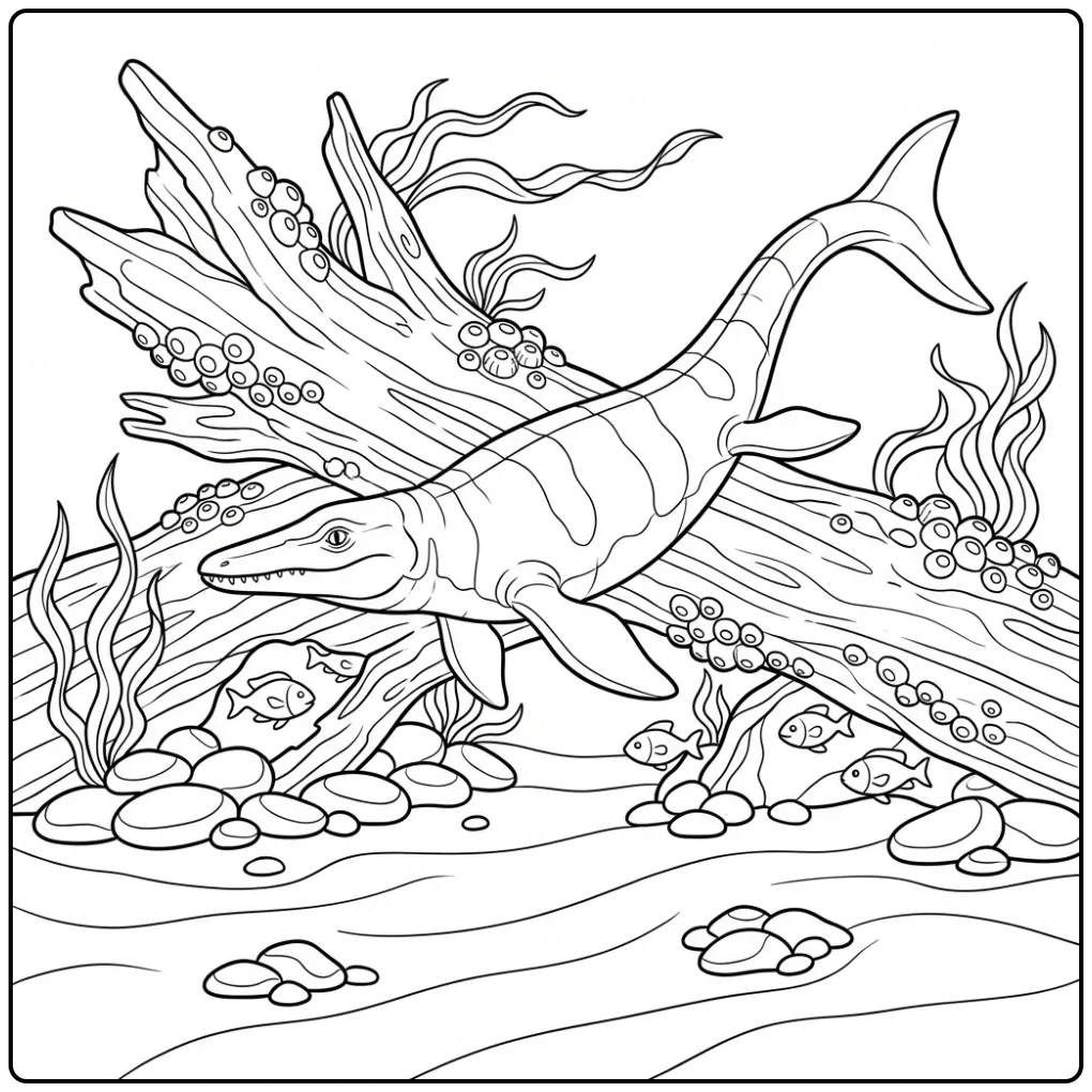 Detailed Mosasaurus coloring page with driftwood and fish
