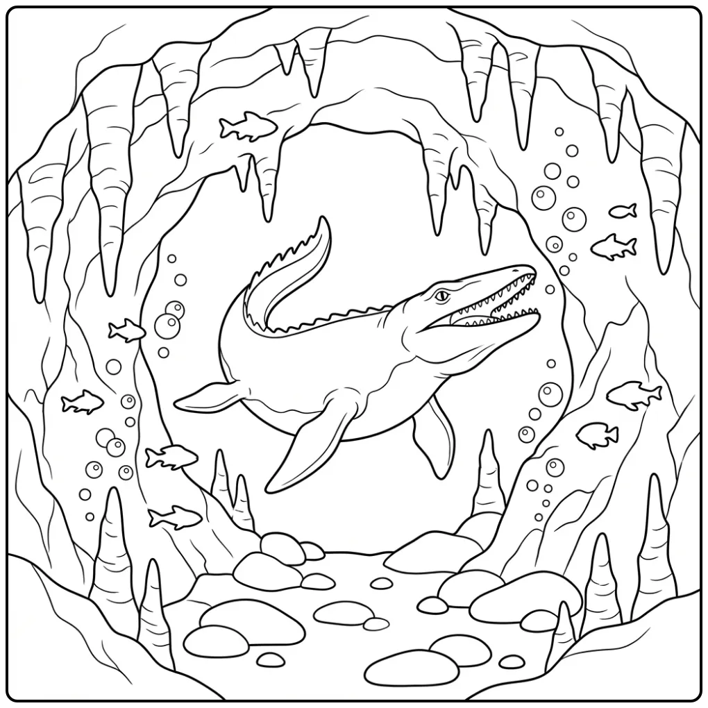 Mosasaurus coloring page swimming in a cave with fish